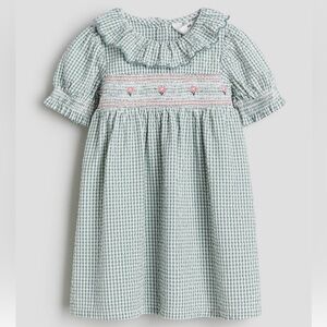 H&M Kids Seersucker Dress Green Gingham w/ Smocked Embroidery (Size 9–10Y / 140)